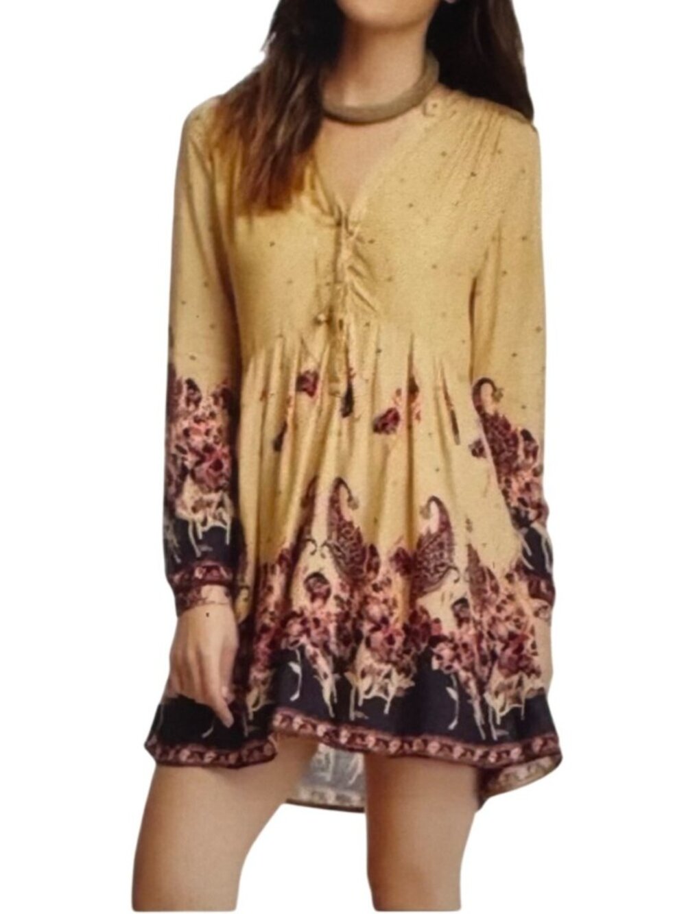 Free People Boho Floral Mini Dress Womens XS Tan Burgundy Long Sleeve Short